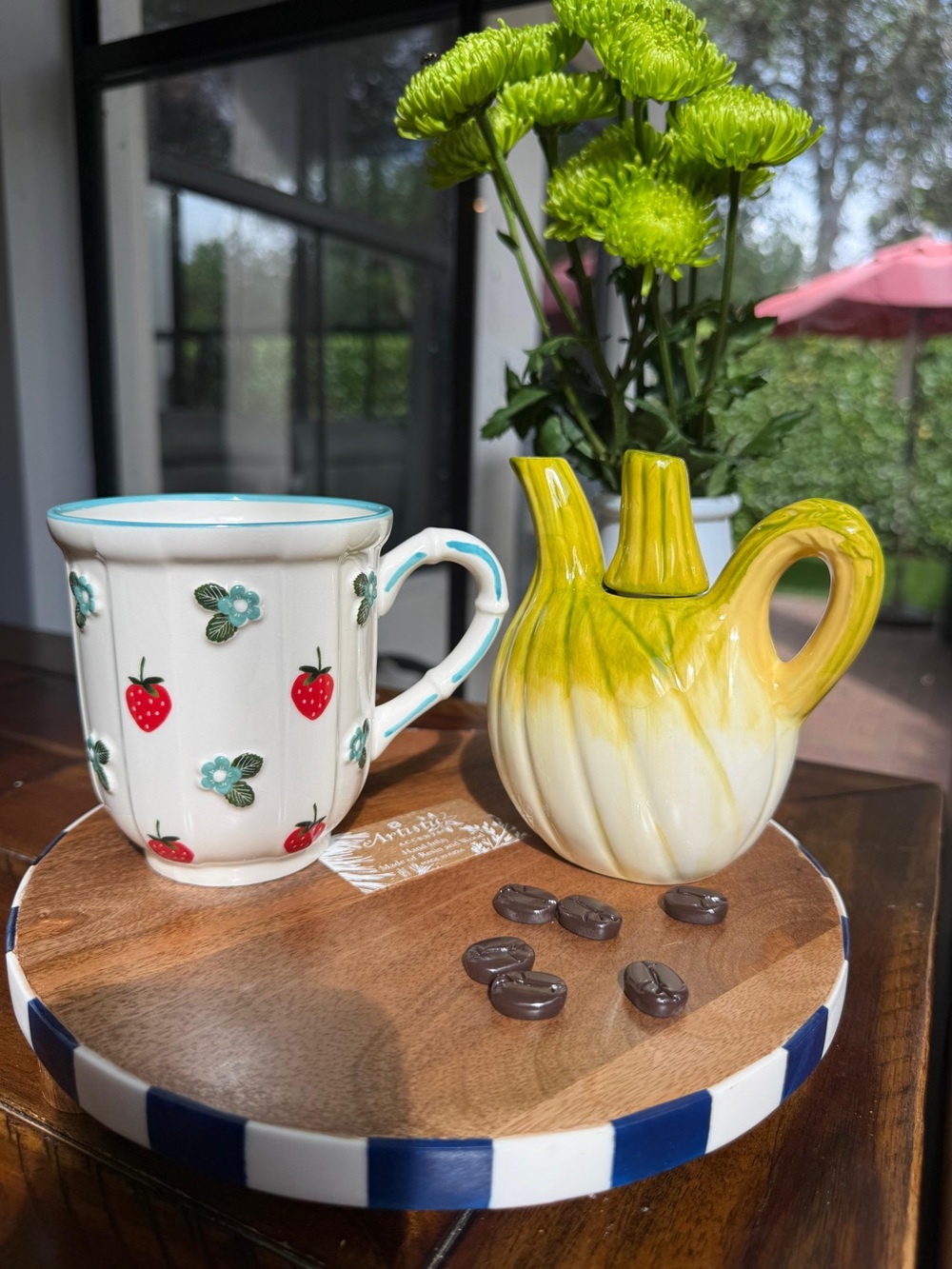 Strawberry Floral Ceramic Mug - Yellow ceramic milk & blue stripe edges.
